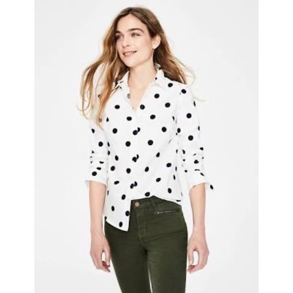 Polka Dot Button Up Shirt Boden Classic White Navy Preppy Cotton 6R